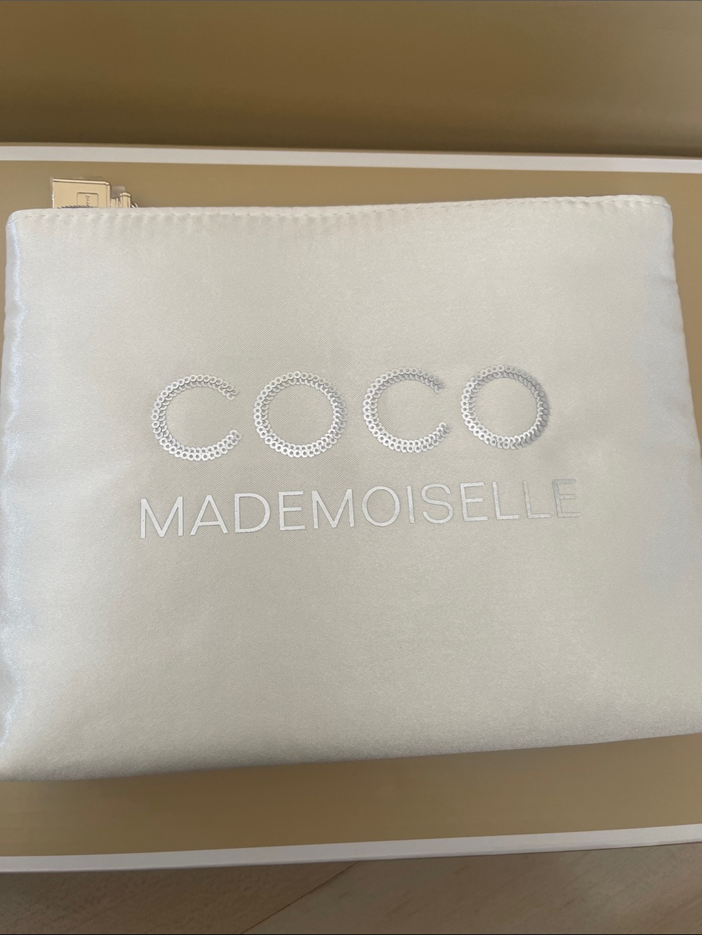 CHANEL White Coco Mademoiselle Satin Cosmetic Pouch with Embossed Logo